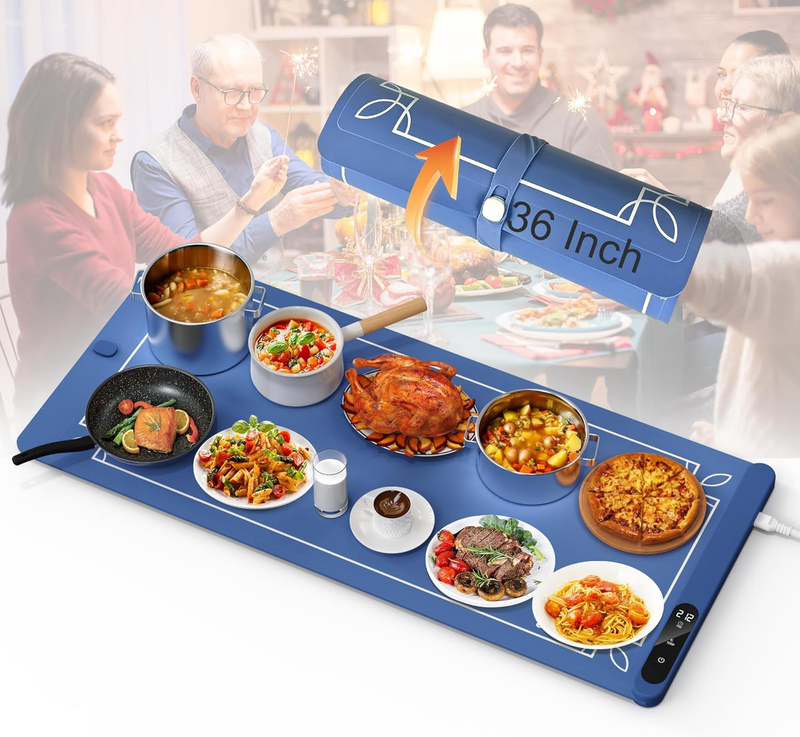 Extra Large Food Warming Mat - Foldable Warming Tray for Food, Full Surface Long Food Warmer for Buffets, Parties, Gatherings, Holidays, Timer, 6 Level Temperature, 36 Inch (Navy Blue)