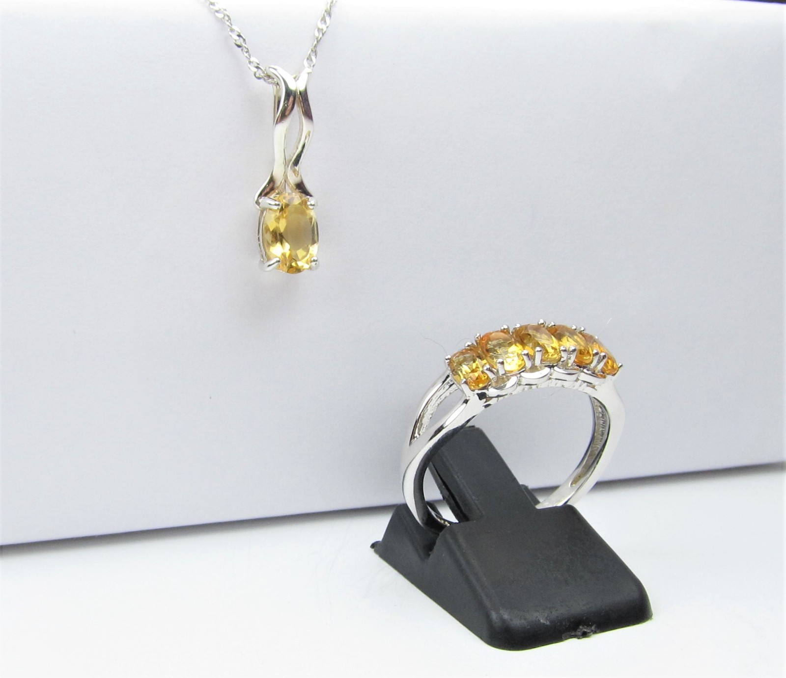 Natural Citrine 5-Stone 925 Sterling Silver Ring and Solitaire Pendant W Chain