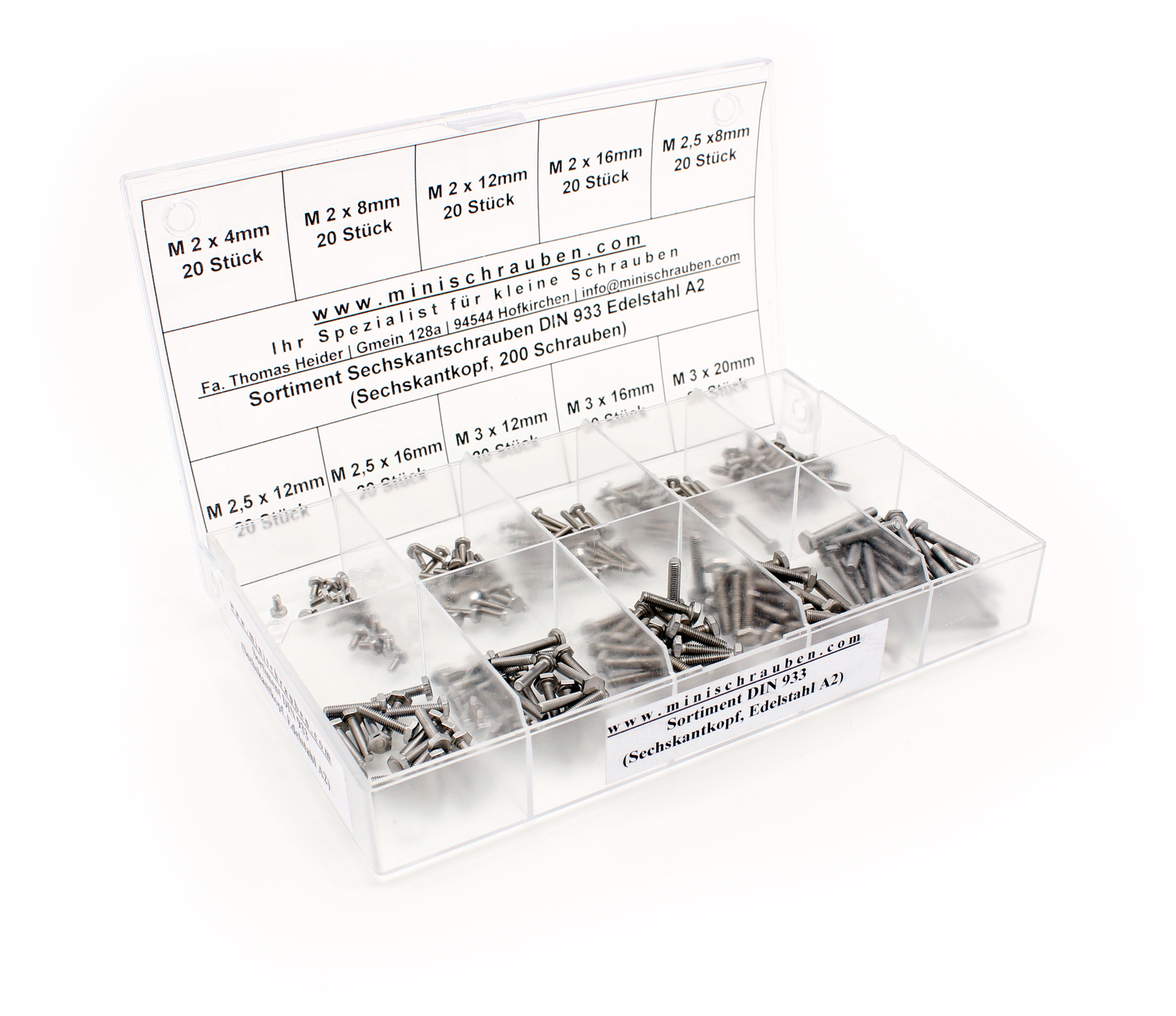 Edelstahl Schraubensortiment DIN 933 Sechskant mit 200 Stück M2/ M2,5/ M3