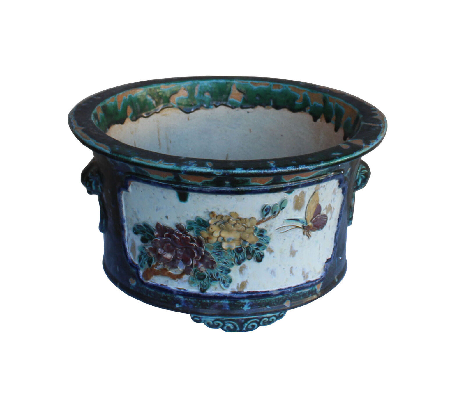 Chinese Ceramic Dimensional Flower Butterfly Round Green Glaze Planter cs3246S Chinese Ceramic Dimensional Flower Butterfly Round Green Glaze Planter cs3246S