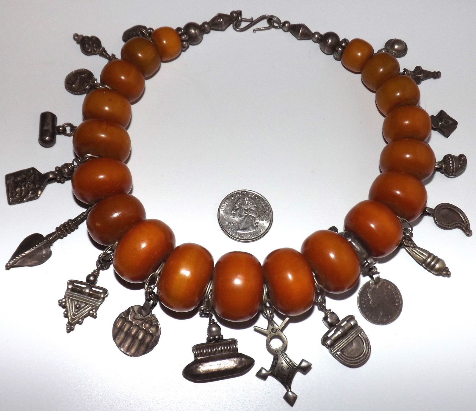 Antique Moroccan Amber Beaded Silver Charm Ancient Beads Necklace 192 grams REAL