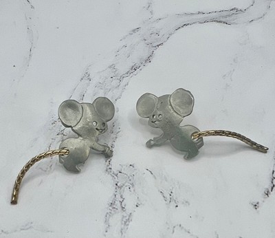 Vintage Post Earrings ULTRA CRAFT SIGNED PEWTER MICE GOLD TONE CHAIN TAILS