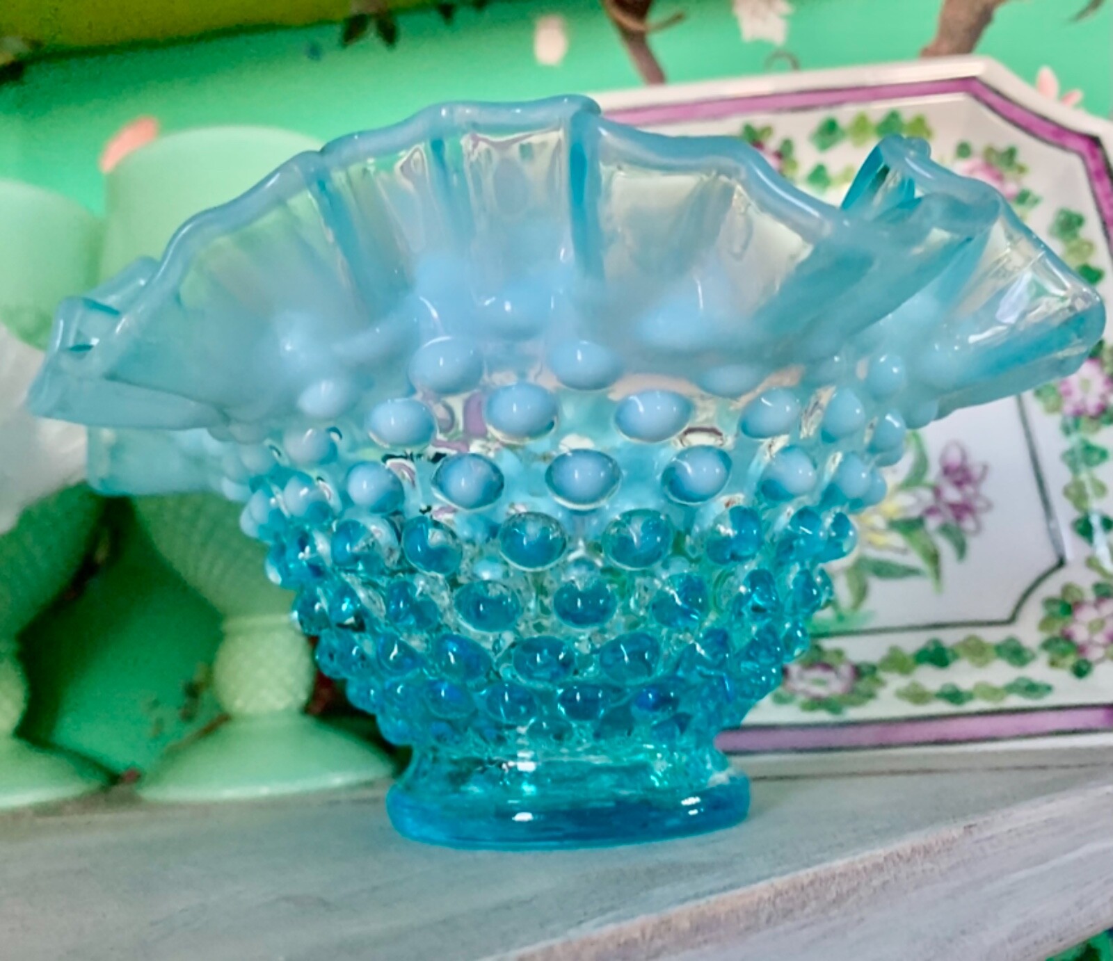 BEAUTIFUL BLUE FENTON OPALESCENT GLASS HOBNAIL CANDY DISH