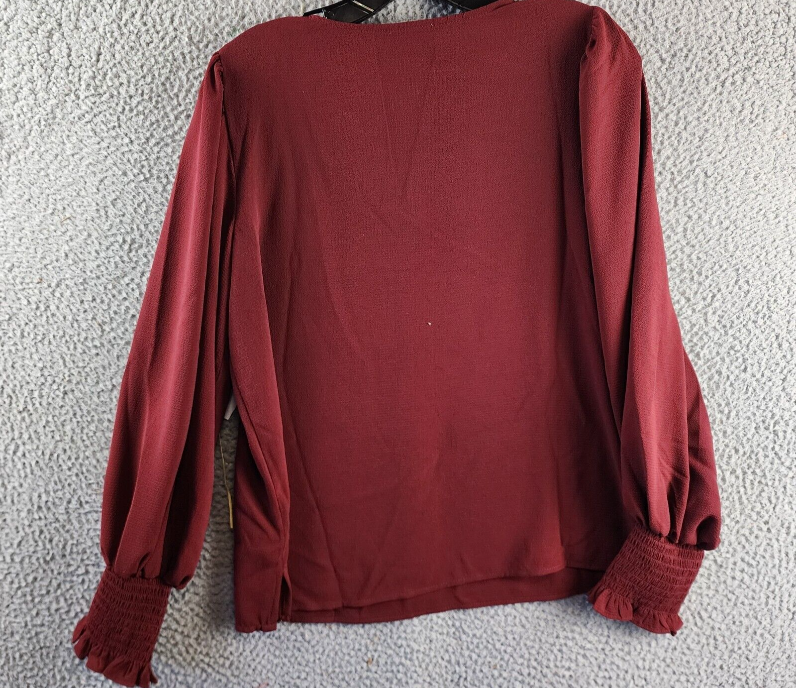 CeCe Solid Smocked-Cuff V-Neck Charmeuse Blouse Women's S Claret Red Long Sleeve - Picture 13 of 15