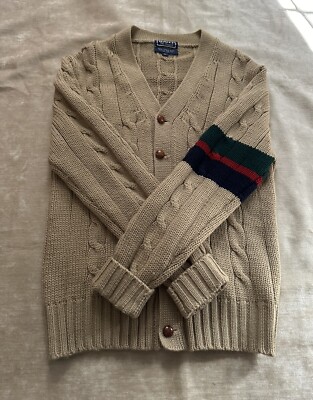 Vintage GANT The Rugger Cardigan Wool Cable knit stripe Tan ClassicTennis sz L