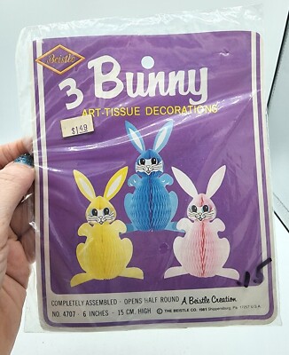 Vintage 1981 Beistle Honeycomb Easter Bunny Rabbit Art Tissue Decorations NOS 
