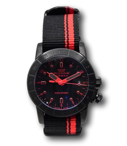 Pre-owned Glycine Airman Worldtimer Men's 42mm Swiss Made Quartz Double Black Watch Gl1037
