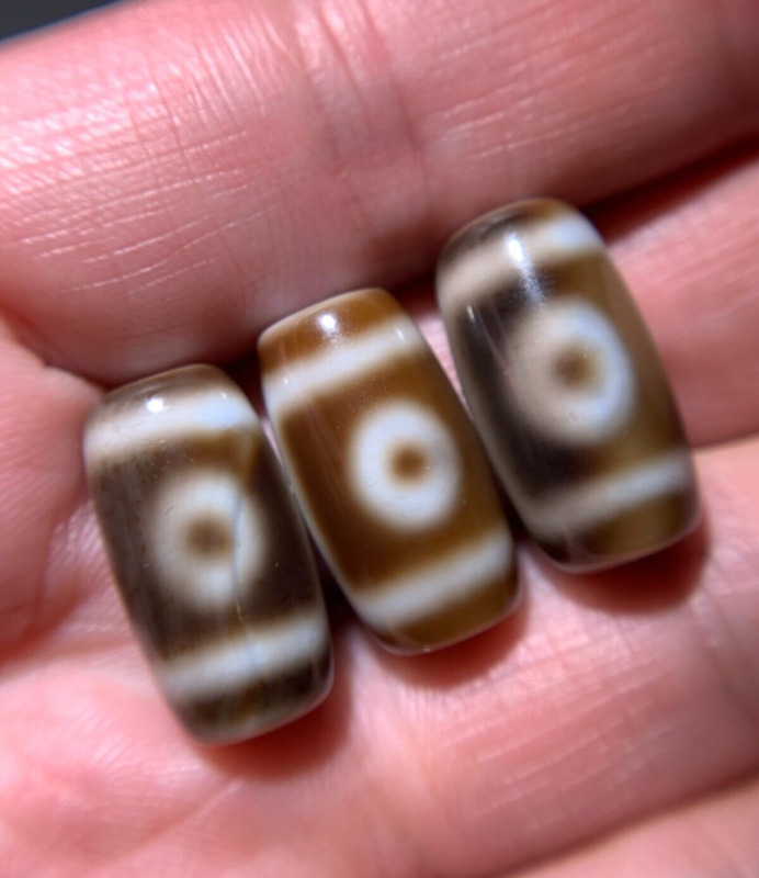 3 x Tibetan Agate Dzi Bead " 2 Eyes " Amulet 19.5mm x 10mm( Each bead )
