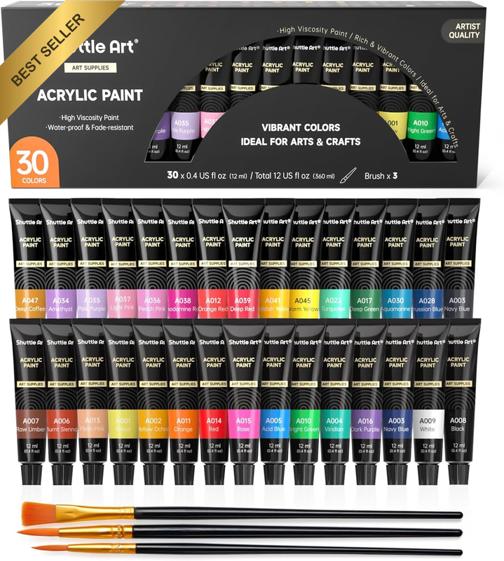 30 Tube (12ml) Artist Quality Acrylic Paint Set Non-Toxic for Canvas Wood Crafts