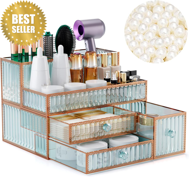 Youdepot Makeup Organizer Countertop - Tempered Glass Vanity Storage Box for Cos