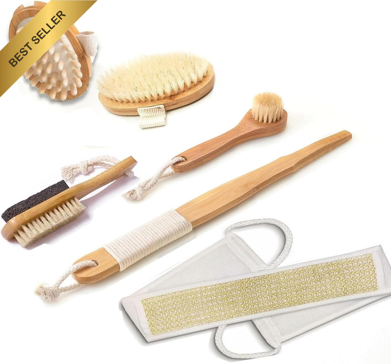 5 Pcs Dry Brushing Body Brush Set - Wood Long Handle Back Scrubber Brush, Face B