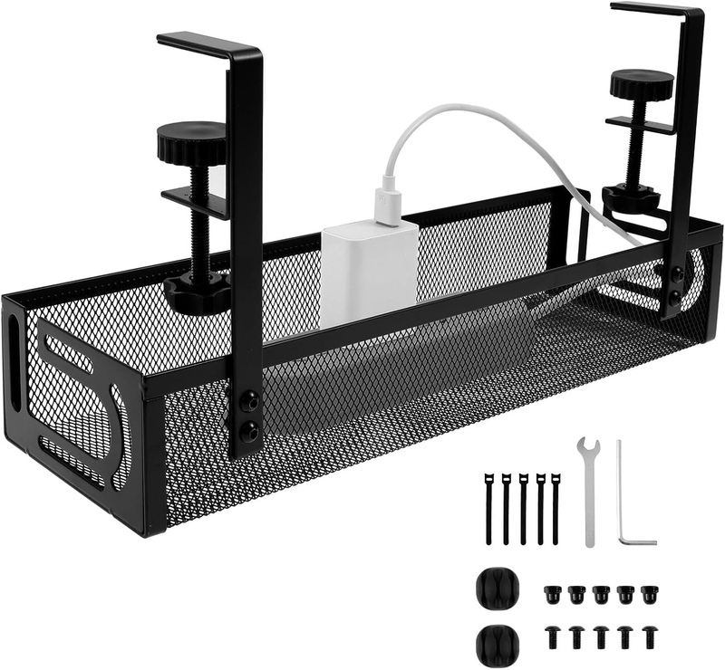 Under Desk Cable Management Tray No Drill 39Cm/15In Metal Mesh Cable Tray with C