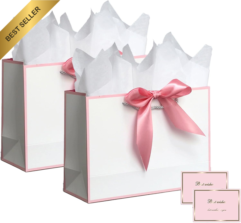 White Gift Bags with Handles 2 Pack 28X20X10Cm Portable Paper Gift Bags | Birthd