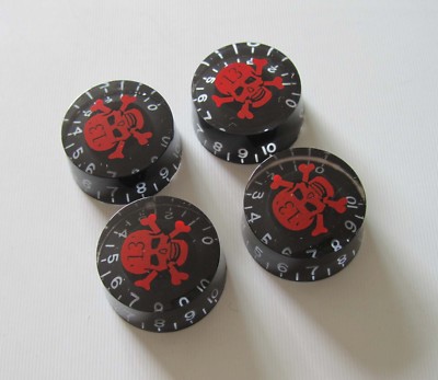 4x LP Guitar Control Knobs Black w/ Red Skull Speed Dial Knobs Fits Les Paul