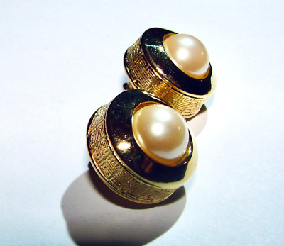 GIVENCHY Paris New York Signed GG  Earrings Enamel Gold TONE Pearl LOGO POST
