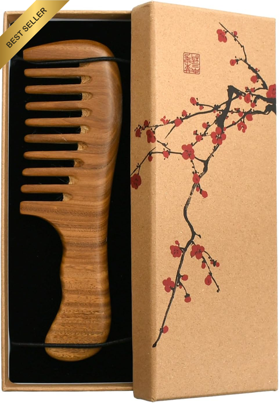 Green Sandalwood Hair Comb, Wooden Wide Tooth Comb for Curls, Wooden Anti-Static