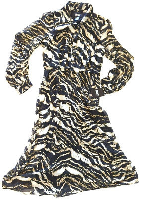 DKNY Women Midi Shirt dress Long sleeve Black-Multi Size8 NWT  $134