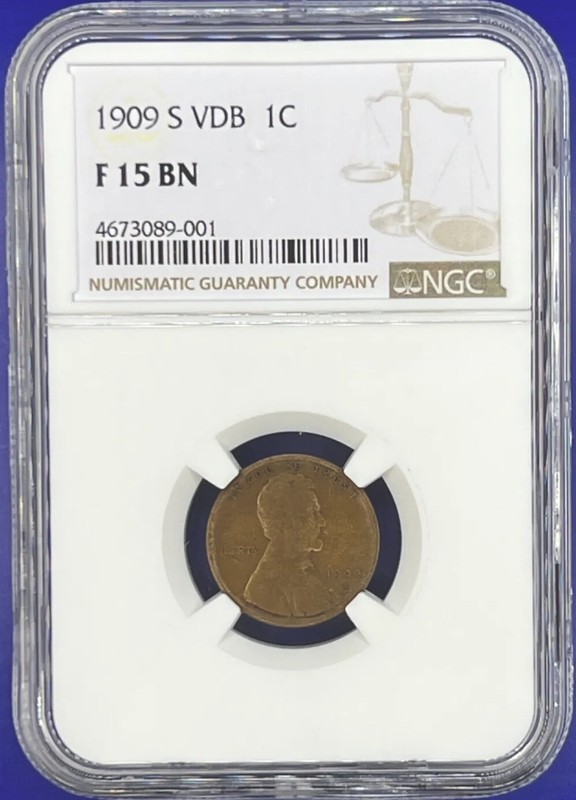💰1909-S VDB NGC F15 LINCOLN Wheat 1c Cent 💯 THE
