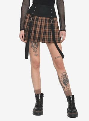 Brown Plaid Pleated Suspender Skirt (Med)