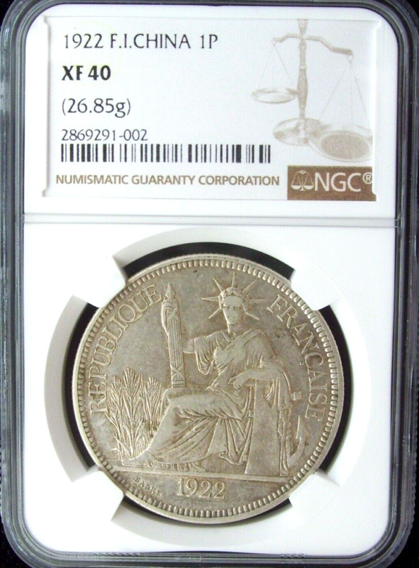 1922 FRENCH INDO CHINA PIASTRE DOLLAR NGC XF40 RARE DATE WITHOUT MINTMARK