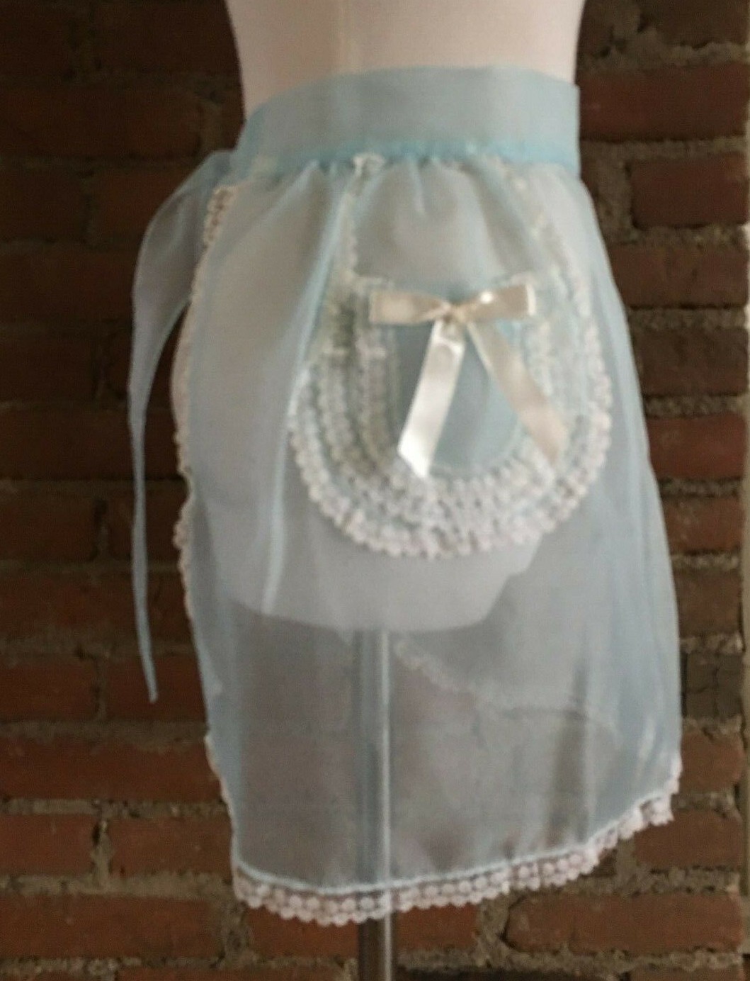 Vintage Mid Century Blue Sheer Half Apron White Lace Trim Pocket Bow Accent