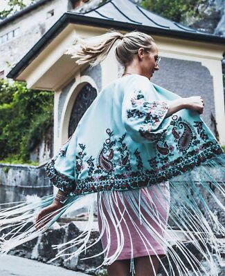 ZARA SEA BLUE EMBROIDERED KIMONO WITH FRINGING REF. 0881/049