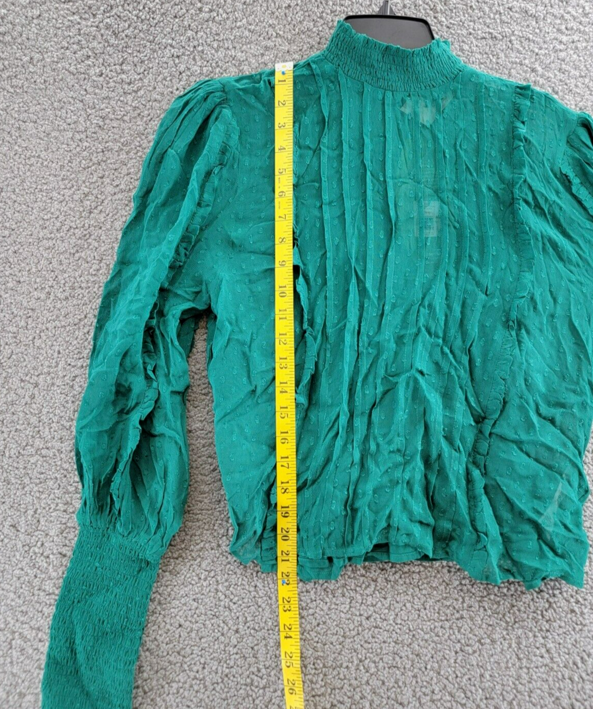 FARM Rio Ruffled Clip Dot Blouse Women's M Emerald High Smocked Neck Long Sleeve - Picture 8 of 16