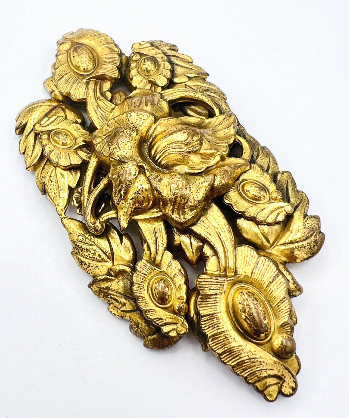 Vintage Art Nouveau Brass Repoussé Flower Brooch Pin