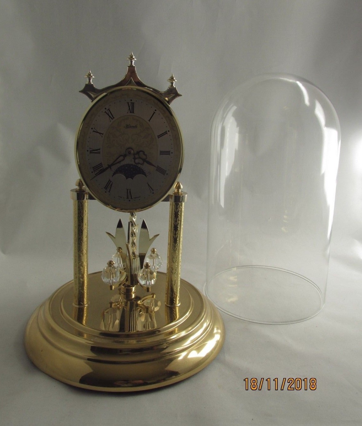 Hermle Moon Phase Anniversary Clock Glass Dome W Germany 11