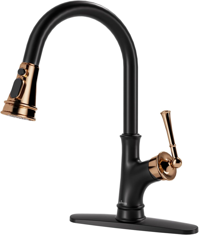Matte Black and Rose Gold Pull down Kitchen Faucet with Easy-Retract Sprayer - S
