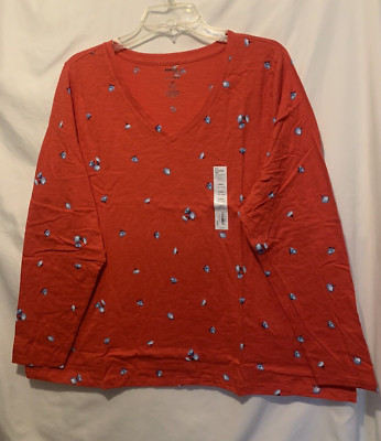 Sonoma Size 1X Pullover Red & Blue Floral Knit Top, v neck, long sleeves - NWT