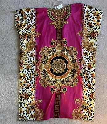 Lapogee Women's 2X Cheetah Greek Key  Pink  Gold Black Slinky Open Maxi Robe
