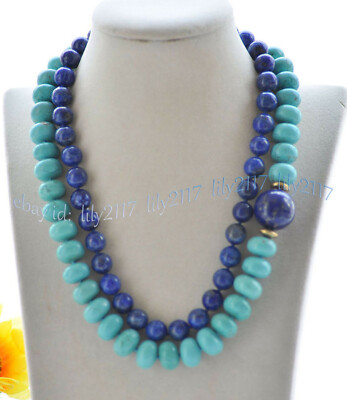 2 Rows 5x8mm Blue Turquoise Rondelle Gems Round Lapis Lazuli Necklaces 17-18''