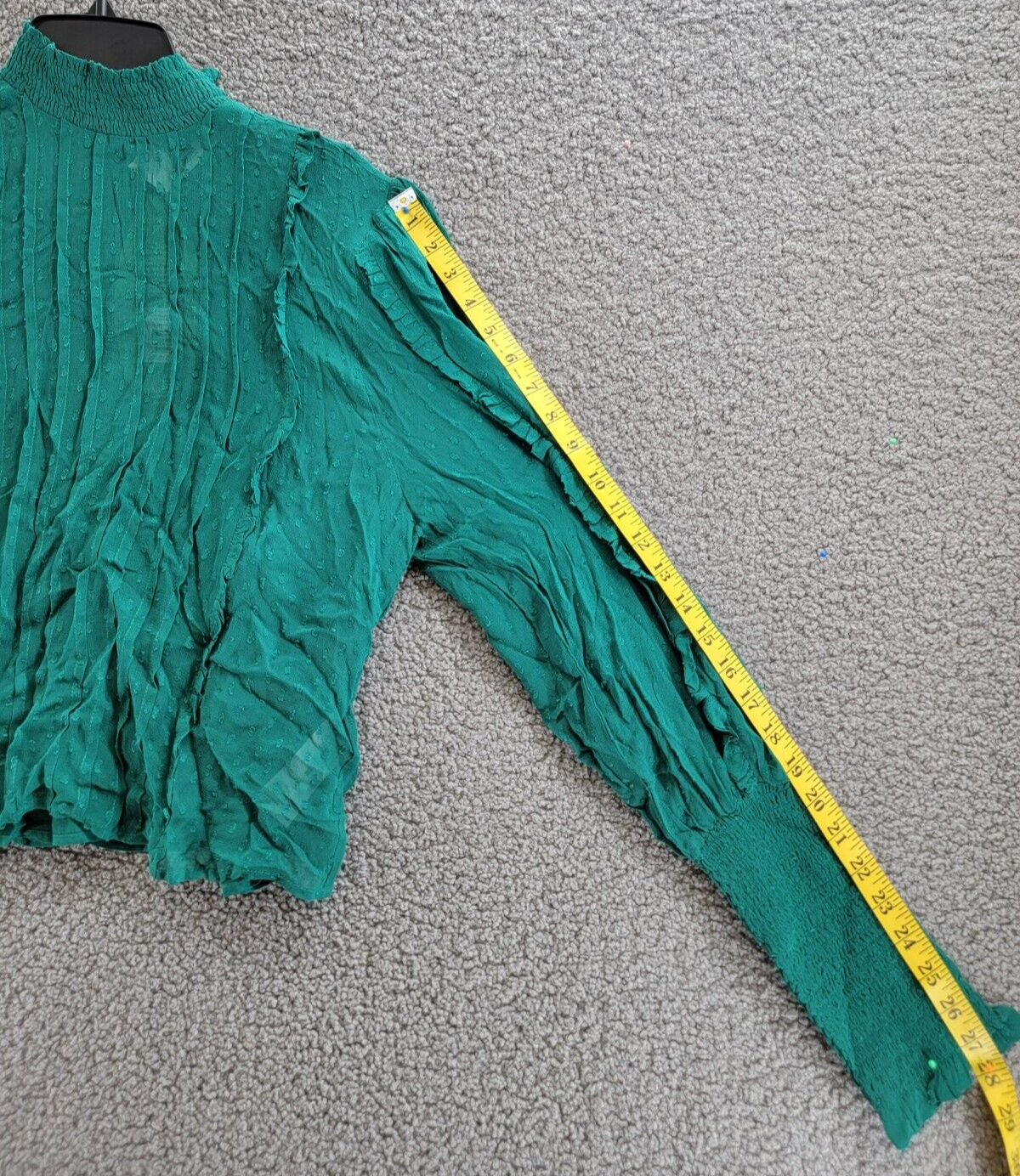 FARM Rio Ruffled Clip Dot Blouse Women's M Emerald High Smocked Neck Long Sleeve - Picture 7 of 16