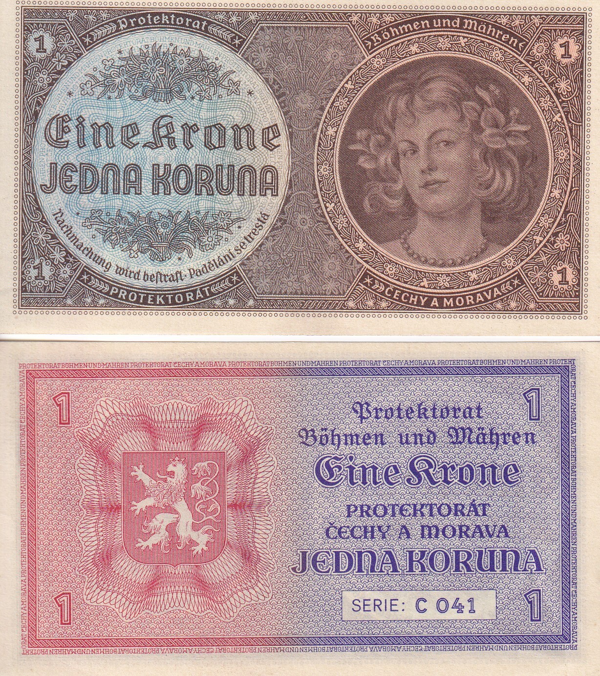 BOHEMIA & MORAVIA 1 Koruna ND 1940 P 3 AUnc , Morava , Arms , AU
