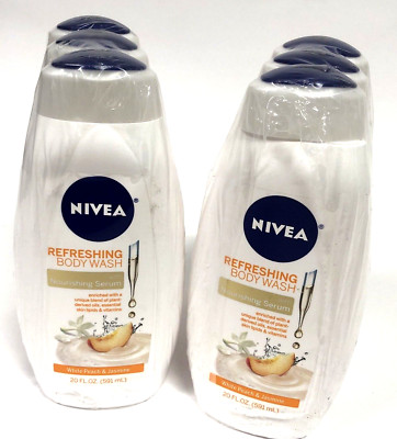 6 Bottles (20 fl oz each) Nivea White Peach & Jasmine Body Wash Nourishing Serum