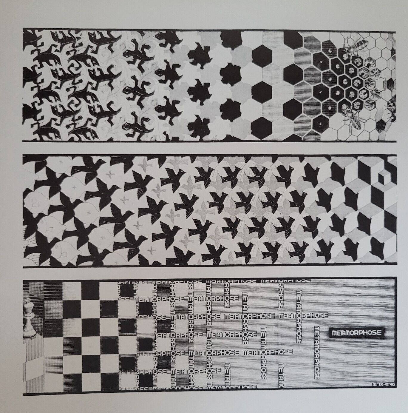 額装済/morphosis　no4/MC Escher/エッシャー METAMORPHOSIS Transformations of Shapes Patterns Scenes by