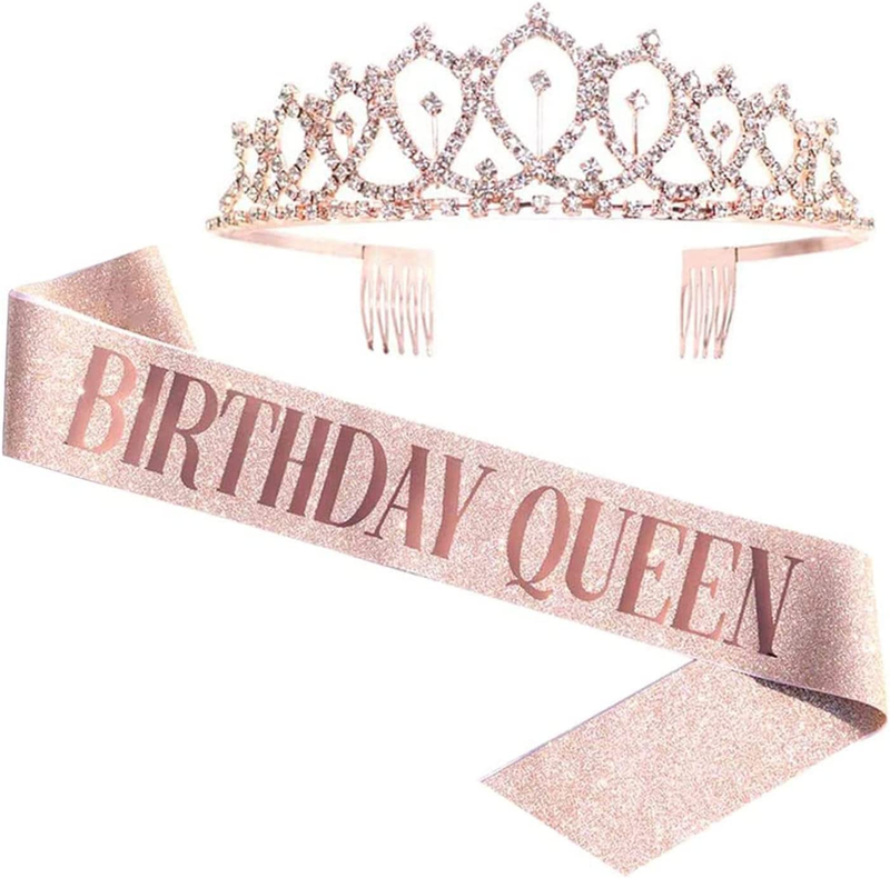 Birthday Queen Sash & Rhinestone Tiara - Rose Gold Birthday Gifts Glitter Birthd