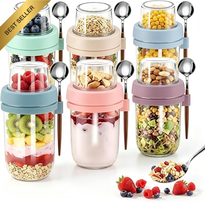 6 Pack Overnight Oats Jars Dual-Layer, 600ML with Spoons and Lids, Clear | Glass