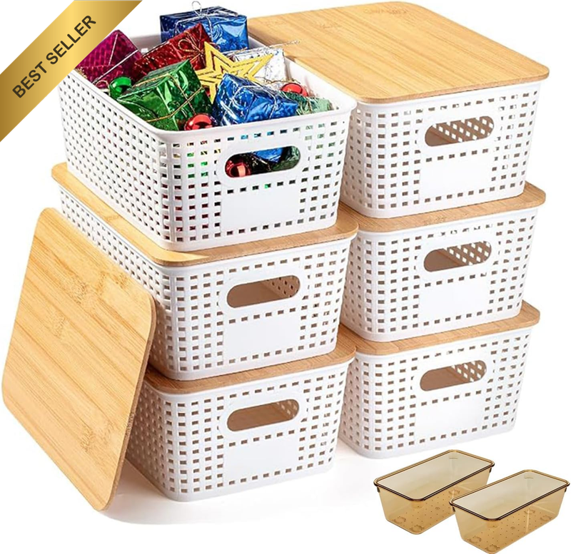 6 PCS Storage Bins with Bamboo Lids Plastic Baskets Plastic Storage Containers f