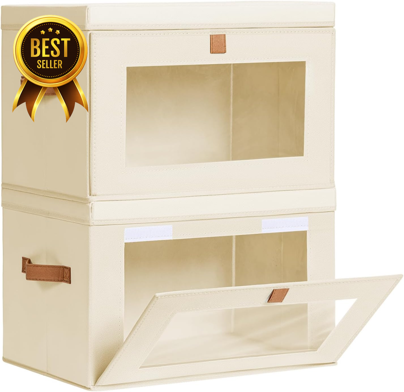 2-Pack Beige Lidded Windowed Collapsible Fabric Closet Storage Bin Set
