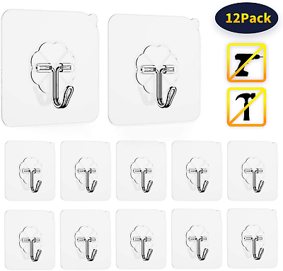 12pcs Adhesive Wall Sticky Hooks Heavy Duty Hanger Holder Non-trace Kitchen Home