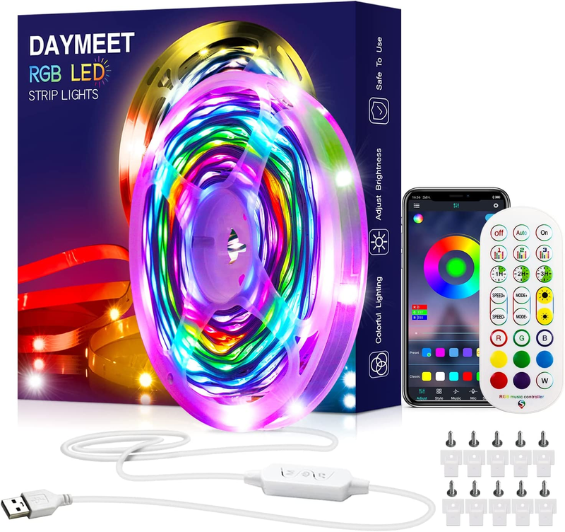 Daymeet LED Strip Lights【Chasing Effect】10M RGBIC Dream Color USB Led Strip Lights Color Changing Lights Bluetooth Music Sync with Remote App Control Non-Waterproof Rainbow Led Light Strip for Bedroom
