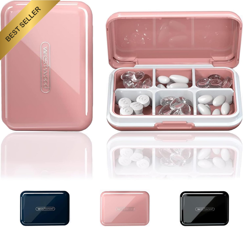 Travel Pill Organiser, Daily Pill Box with 6 Compartments, Small Pill Case for P