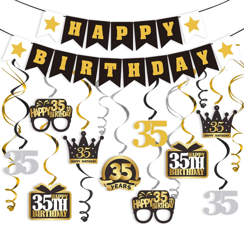 Happy 35Th Birthday Decorations Set - 12Pcs Black & Gold Swirls Streamer,Happy B