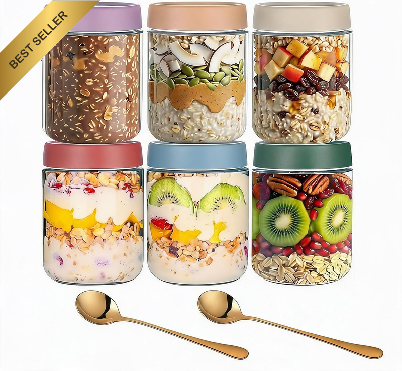 6 Pack Overnight Oats Containers with Lids - 16 Oz (480Ml) Glass Jars with Airti