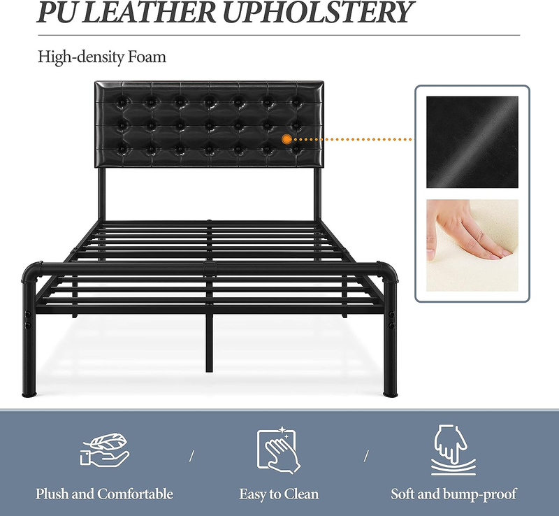 Full Size Metal Platform Bed Frame, Faux Upholstered Bed with Height-Adjustable