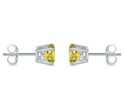 Pre-owned Shine Brite With A Diamond 1.50 Ct Round Cut Canary Earrings Studs Solid 18k White Gold Push Back Basket