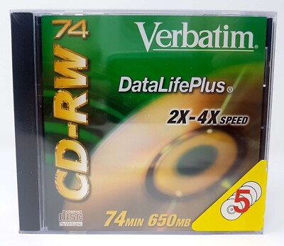 5 Pack Verbatim CD-RW 74 Min DataLifePlus 2x-4x Speed 650 MB  New Sealed