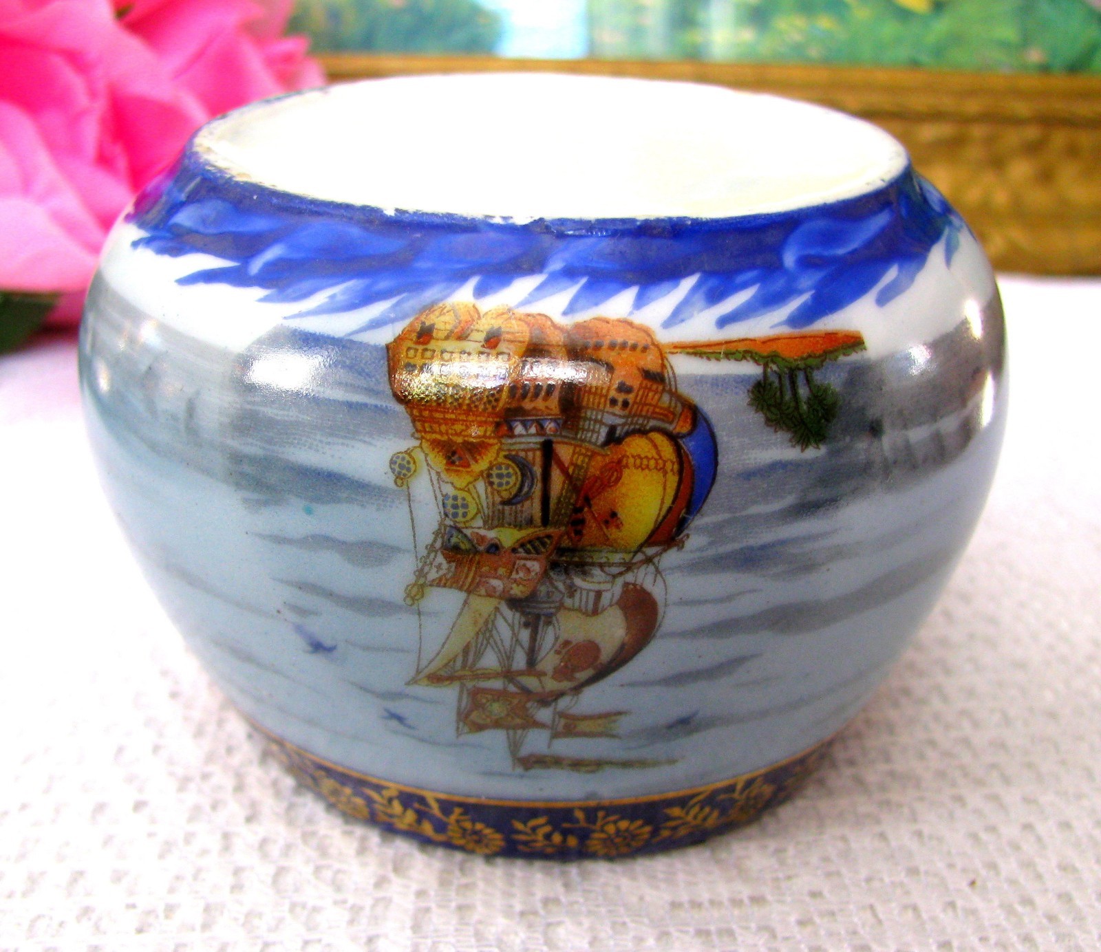 Antique Tall Ship Sugar Bowl Ocean Scene Sail Boat Open Sugar Bowl c.1800s